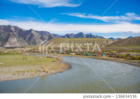 Small settlement Maly Yaloman on the bank of Katun River Altai Russia. Rural village nestled in Siberian mountain river valley. 136634336