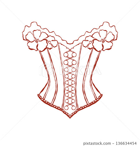 Vintage womens corset from the Baroque era. Rococo aesthetic. Hand-drawn line art depicting a corset with flowers in red color. Vector outline illustration. 136634454