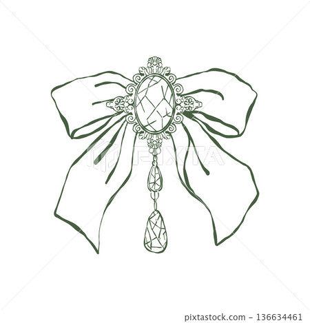Vintage-style bow with a crystal pendant. Luxurious bow decoration. Retro ribbon bow in outline. Vintage womens jewelry in the Rococo and Baroque styles. Elegant green design element. Vector Vintage-style bow with a crystal pendant. Luxurious bow decoration. Retro ribbon bow in outline. Vintage womens jewelry in the Rococo and Baroque styles. Elegant green design element. Vector 136634461
