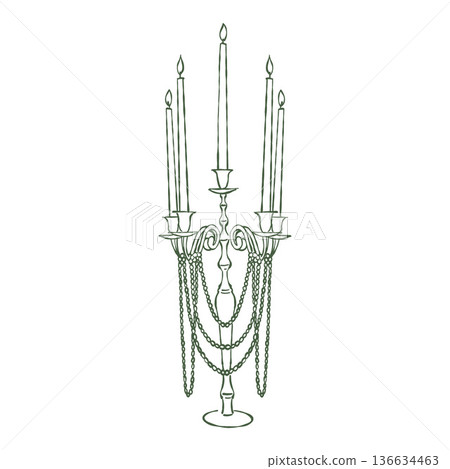 A hand-drawn vintage candelabra with candles and pearl beads in green. Vector outline illustration of a luxurious antique candelabra in a retro sketch style. A hand-drawn vintage candelabra with candles and pearl beads in green. Vector outline illustration of a luxurious antique candelabra in a retro sketch style. 136634463