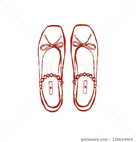 Vintage flat ballet shoes with pearls and bows. Fashionable retro bridal shoes in sketch style. Vector linear illustration in red. Pair of wedding shoes. Wedding accessories and jewelry. 136634464