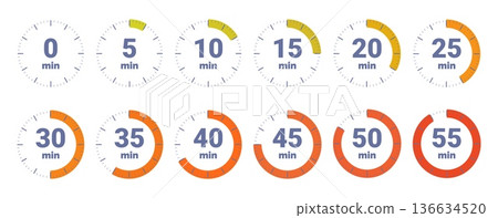 Chronometer icons. Simple timers with dial, hours minutes counter. Measurement for work process, sport, cooking, reading. Deadline countdown, sapid vector set Chronometer icons. Simple timers with dial, hours minutes counter. Measurement for work process, sport, cooking, reading. Deadline countdown, sapid vector set 136634520