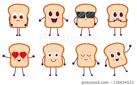 Toast characters. Funny bread slice with different emotions. Cute cartoon food character, children mascot. Snack in love, surprised, nervous, sapid vector set 136634523