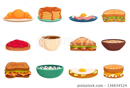 Cartoon breakfast food. Toast with jam or fried egg, fresh sandwich ham, cheese, vegetables. Sweet pancakes with caramel topping, porridge, sapid vector clipart 136634524
