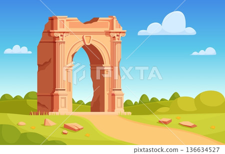 Ruined ancient greek landscape. Stone antique arch ruins, broken pillars. Historical place with roman architecture on green meadow, sapid vector scene Ruined ancient greek landscape. Stone antique arch ruins, broken pillars. Historical place with roman architecture on green meadow, sapid vector scene 136634527