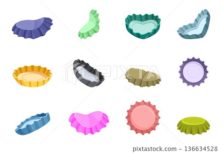 Bottle caps set. Cartoon cap for beer, soda, mineral water glass bottles. Broken used circle covers different positions, metal lids icons, sapid vector set 136634528