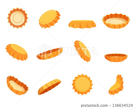 Cartoon yellow bottle caps. Metal cap from bottles, different positions. Broked, used and crumpled caps of mineral water, lemonade, beer, soda drinks, sapid vector set 136634529