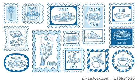 Italian food postmarks. Restaurant italy stamps, tasty mediterranean dishes. Pasta, pizza seafood, coffee. Touristic season labels doodle style neoteric vector set 136634536