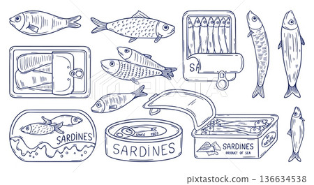 Doodle sardines. Fish in cans, sardine mackerel anchovies canned food. Seafood mediterranean, italian spanien greek cuisine ingredients, neoteric vector set Doodle sardines. Fish in cans, sardine mackerel anchovies canned food. Seafood mediterranean, italian spanien greek cuisine ingredients, neoteric vector set 136634538