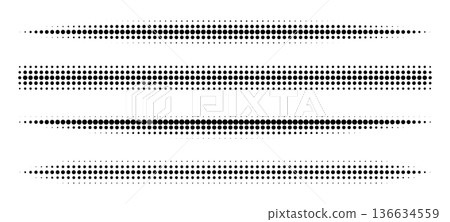 Halftone dividers with gradient dots and lines create modern comic style borders. Vector set features fading tones, edge patterns, and creative shapes for graphic design projects. Halftone dividers with gradient dots and lines create modern comic style borders. Vector set features fading tones, edge patterns, and creative shapes for graphic design projects. 136634559