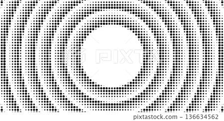 Halftone circle pattern with central frame creates abstract tech background. Dotted round design features radial waves and concentric rings for modern graphic projects. Halftone circle pattern with central frame creates abstract tech background. Dotted round design features radial waves and concentric rings for modern graphic projects. 136634562