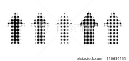 Directional arrow set with halftone patterns and gradient dots. Vector icons for navigation, featuring circular gradation effects and dynamic graphic elements. 136634563