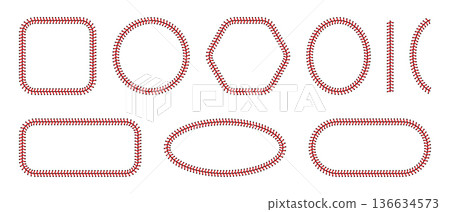 Baseball frame with red stitching and leather texture. Classic softball border design. Vector graphic element for sports branding and American game layouts. 136634573