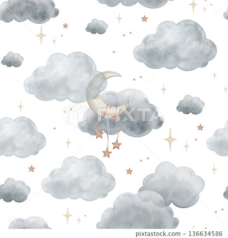 Seamless pattern with Blue Grey Air Clouds and moon. Cute baby's repeat ornaments with stars Isolated hand drawn Watercolor illustration. Design for kids goods, textiles, children's room Seamless pattern with Blue Grey Air Clouds and moon. Cute baby's repeat ornaments with stars Isolated hand drawn Watercolor illustration. Design for kids goods, textiles, children's room 136634586