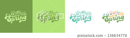 Hello Spring lettering set with nature doodles and eco icons, green typography collection for seasonal branding and environmental projects. Vector Hello Spring sticker lettering collection Hello Spring lettering set with nature doodles and eco icons, green typography collection for seasonal branding and environmental projects. Vector Hello Spring sticker lettering collection 136634778