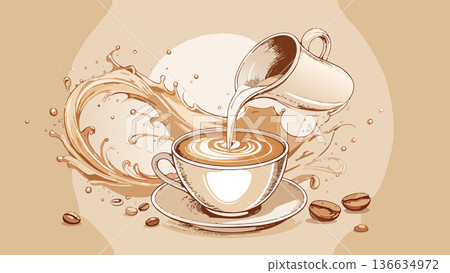 Pouring milk into coffee cup with splash 136634972