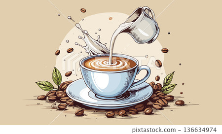 Pouring milk into coffee cup with beans and leaves Pouring milk into coffee cup with beans and leaves 136634974