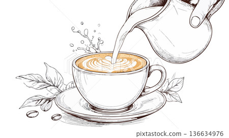 Hand pouring milk making latte coffee art 136634976