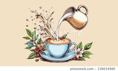 Pouring milk creating latte art in coffee cup 136634980