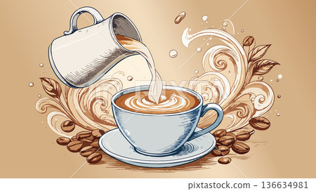 Pouring milk into coffee cup for latte art Pouring milk into coffee cup for latte art 136634981