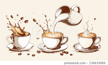 Coffee cups showing latte art and splash Coffee cups showing latte art and splash 136634989