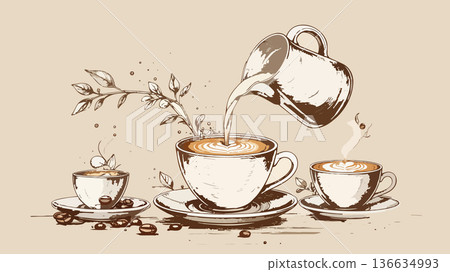 Pouring milk in coffee cup creating latte art Pouring milk in coffee cup creating latte art 136634993