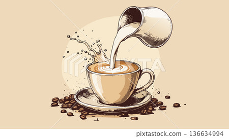 Coffee cup latte art with pouring milk Coffee cup latte art with pouring milk 136634994