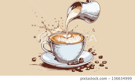Pouring milk creating latte art in coffee cup Pouring milk creating latte art in coffee cup 136634999