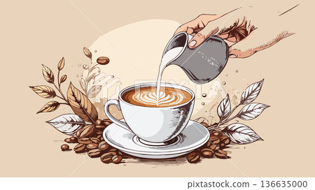Hand pouring milk into coffee creating latte art 136635000