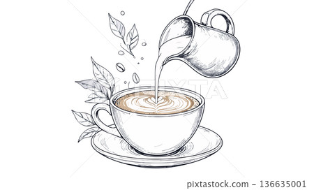 Pouring latte art into a coffee cup drawing Pouring latte art into a coffee cup drawing 136635001