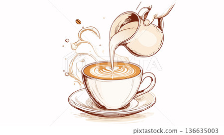 Pouring milk creating latte art in coffee cup Pouring milk creating latte art in coffee cup 136635003