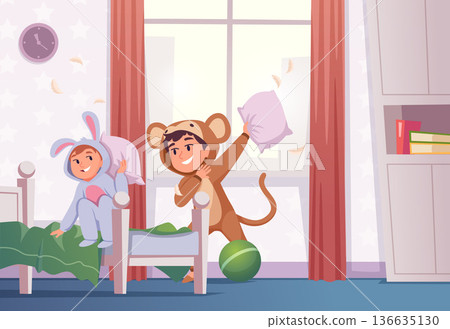 Pillow fighting. kids in pajamas jumping on beds. vector background 136635130