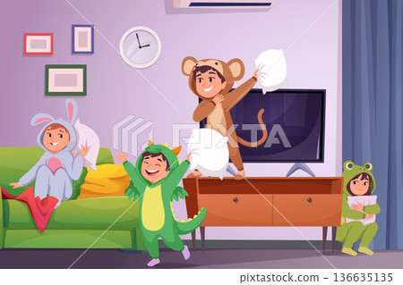 Pajama party. pillow fighting kids in living room interior. vector background Pajama party. pillow fighting kids in living room interior. vector background 136635135