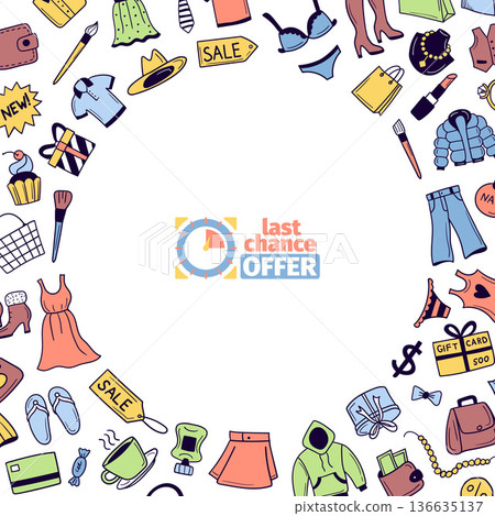 Last chance. marketing offers circle background with different hand drawn illustrations for marketplaces Last chance. marketing offers circle background with different hand drawn illustrations for marketplaces 136635137