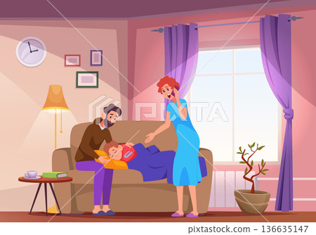 High temperature. Mom calls a doctor at home. A sick child High temperature. Mom calls a doctor at home. A sick child 136635147