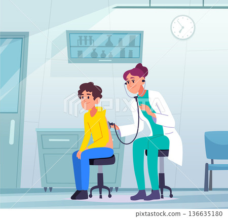 Doctor. pediatrician listens to a child with phonendoscope. vector cartoon background Doctor. pediatrician listens to a child with phonendoscope. vector cartoon background 136635180