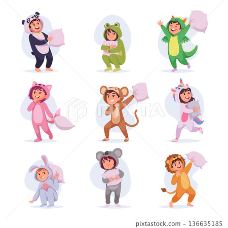 Pajamas. Kids playing and jumping in pajama clothes exact vector costumes for sleeping 136635185
