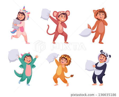 Pajama party. Kids in funny colored costumes pajamas suits for sleeping exact vector pillow battle ready Pajama party. Kids in funny colored costumes pajamas suits for sleeping exact vector pillow battle ready 136635186