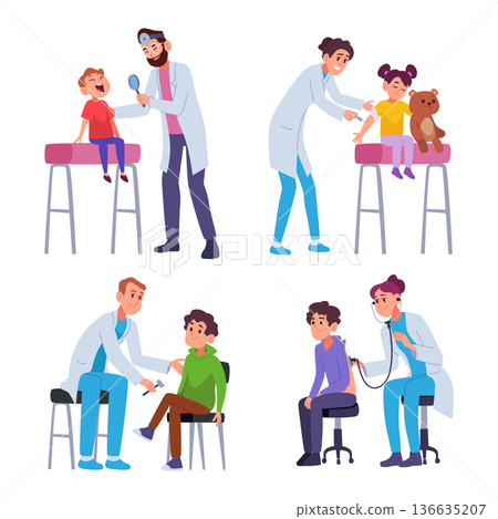 Pediatrician. Little characters kids consult in medic cabinet family doctor exact vector template set 136635207