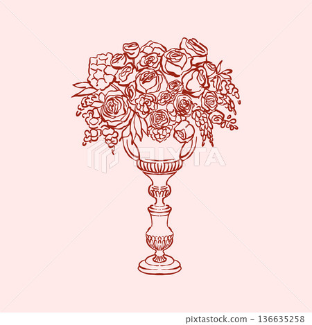 Vector illustration of a flower bouquet in a vase for banquet table decor. Wedding bouquet in linear style. Vintage wedding decor and accessories in red color. Vector outline clipart in sketch style. 136635258