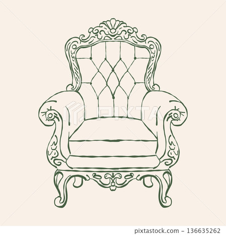 Classic vintage armchair. Romantic interior. Baroque and Rococo styles. Classic upholstered furniture. Green vector outline clipart. Retro hand-drawn illustration. Classic vintage armchair. Romantic interior. Baroque and Rococo styles. Classic upholstered furniture. Green vector outline clipart. Retro hand-drawn illustration. 136635262