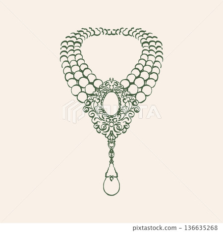 Vintage womens pearl necklace. Retro illustration of an antique neck ornament in the Rococo and Baroque styles. Vintage accessories. Green vector outline drawing. 136635268