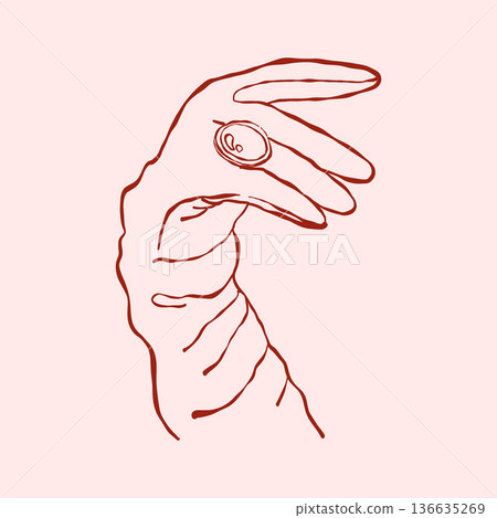 A womans hand in a vintage glove with an antique ring. Vintage feminine illustration. Retro accessories. Red vector outline clipart. 136635269