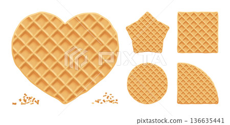 Waffle round biscuit for belgian ice cream, wafer texture vector icon. Illustration of square stroopwafel and star belgium pattern, food background. Isolated cute cookie heart, sweet syrup pancake 3d Waffle round biscuit for belgian ice cream, wafer texture vector icon. Illustration of square stroopwafel and star belgium pattern, food background. Isolated cute cookie heart, sweet syrup pancake 3d 136635441
