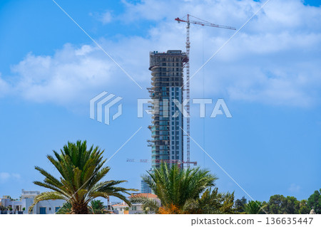High-rise tower under construction on the Limassol seafront, Cyprus. 136635447