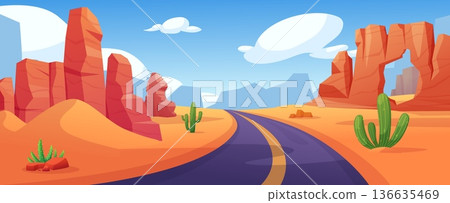 Desert with road. Asphalt highway in savannah, landscape arizona, africa, texas or mexico. Sand dunes, sunburst cracked rocks, cactus, nowaday vector scene Desert with road. Asphalt highway in savannah, landscape arizona, africa, texas or mexico. Sand dunes, sunburst cracked rocks, cactus, nowaday vector scene 136635469