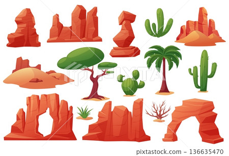 Desert landscape elements. Sunburned rocks and mountains, oasis tree, palms and cactus. Sand hill with cracked stones and dunes, nowaday vector clipart Desert landscape elements. Sunburned rocks and mountains, oasis tree, palms and cactus. Sand hill with cracked stones and dunes, nowaday vector clipart 136635470