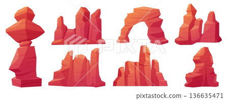 Desert stones. Canyon, rock formations, natural mountain landscape elements. Isolated sand mountains or rocks. Sunburned wild cliff, nowaday vector set Desert stones. Canyon, rock formations, natural mountain landscape elements. Isolated sand mountains or rocks. Sunburned wild cliff, nowaday vector set 136635471