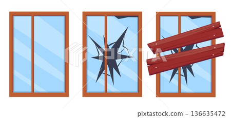 Cartoon whole and broken window. Windows in wooden frame with cracked glass and nailed planks. Isolated building facade glazed elements, nowaday vector set Cartoon whole and broken window. Windows in wooden frame with cracked glass and nailed planks. Isolated building facade glazed elements, nowaday vector set 136635472