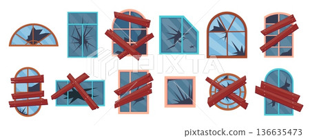 Cartoon broken windows. Abandoned house window with cracked glass and damage frame. Damaged building facade glazed with nailed wooden planks, nowaday vector set 136635473